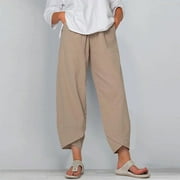 LoyisViDion Woman Pants Clearance Women Casual High Waist Pants Solid Summer Cotton Loose Long Straight Pants Khaki XXXXL